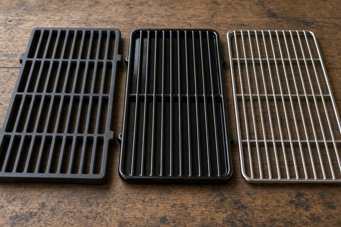 Three grill grates side by side on a wooden workbench: matte black cast iron, glossy black porcelain coated, and shiny stainless steel rods