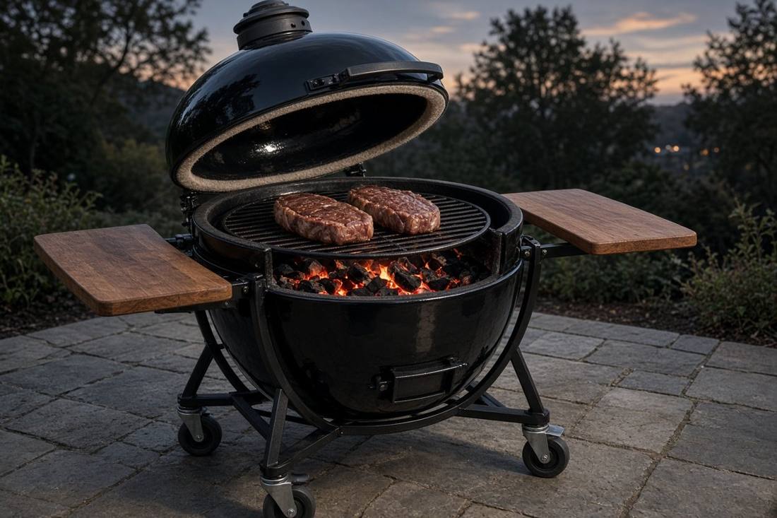 A black ceramic kamado grill in a nest stand with wooden side shelves on a stone patio at dusk, its domed lid open and two steaks searing over glowing lump charcoal