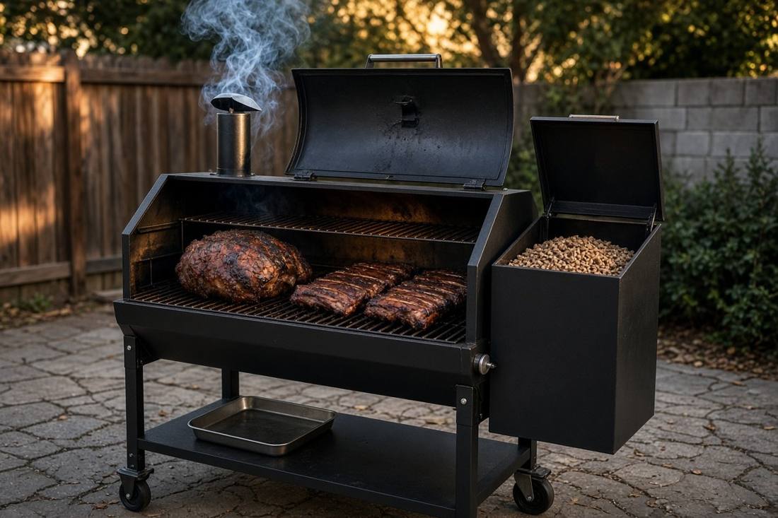A black pellet grill with its lid open, a pork shoulder and ribs on the grates, the side hopper open and full of wood pellets, and thin smoke from the chimney