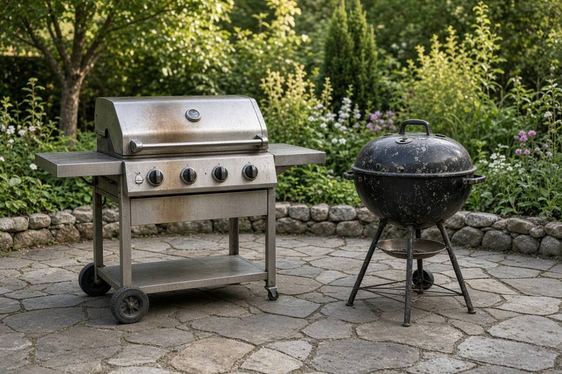 A stainless steel gas grill with a light patina and a black charcoal kettle grill, both well used, on a garden patio