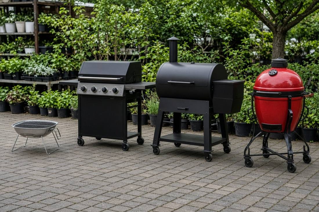 Four grills in a row at a garden store: a small portable charcoal grill, a black gas grill on a cart, a black pellet grill with a side hopper and a red ceramic kamado