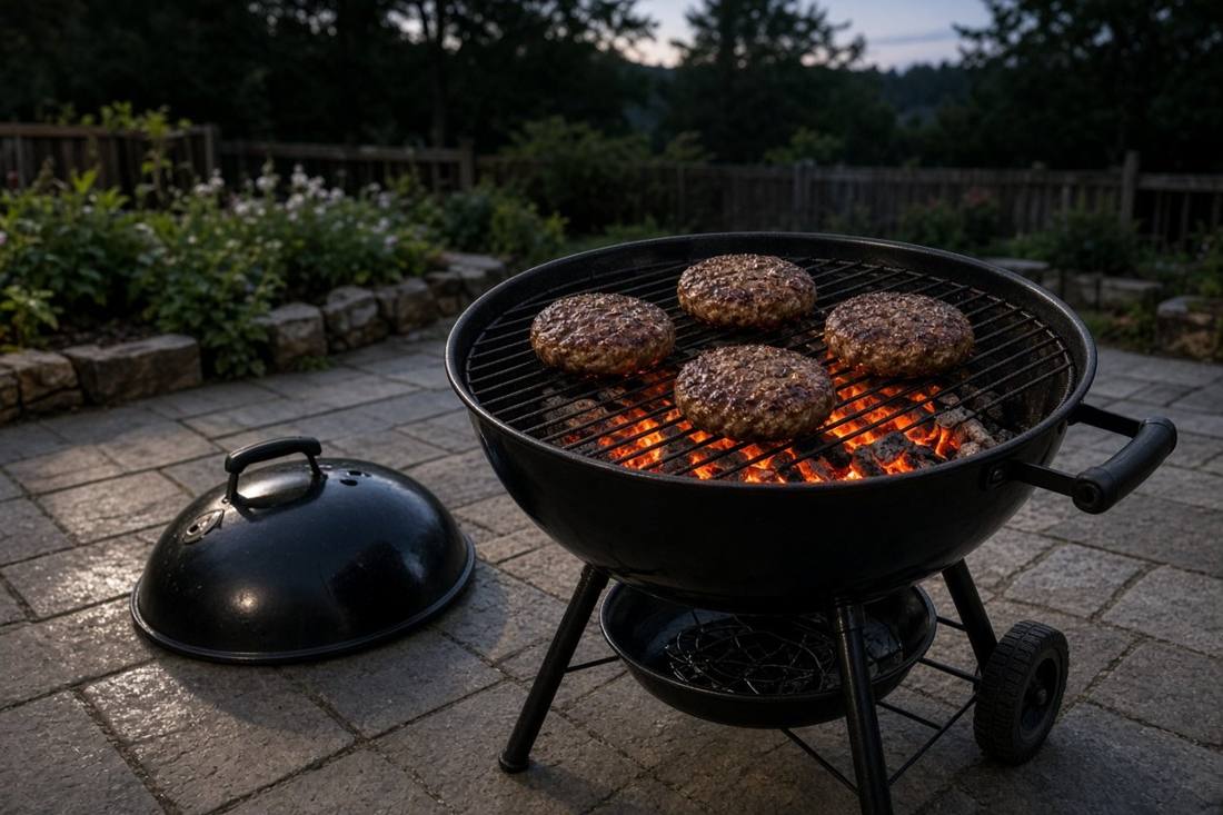 A black round charcoal kettle grill on a stone patio at dusk, four burgers cooking over glowing coals, its domed lid resting on the ground beside it