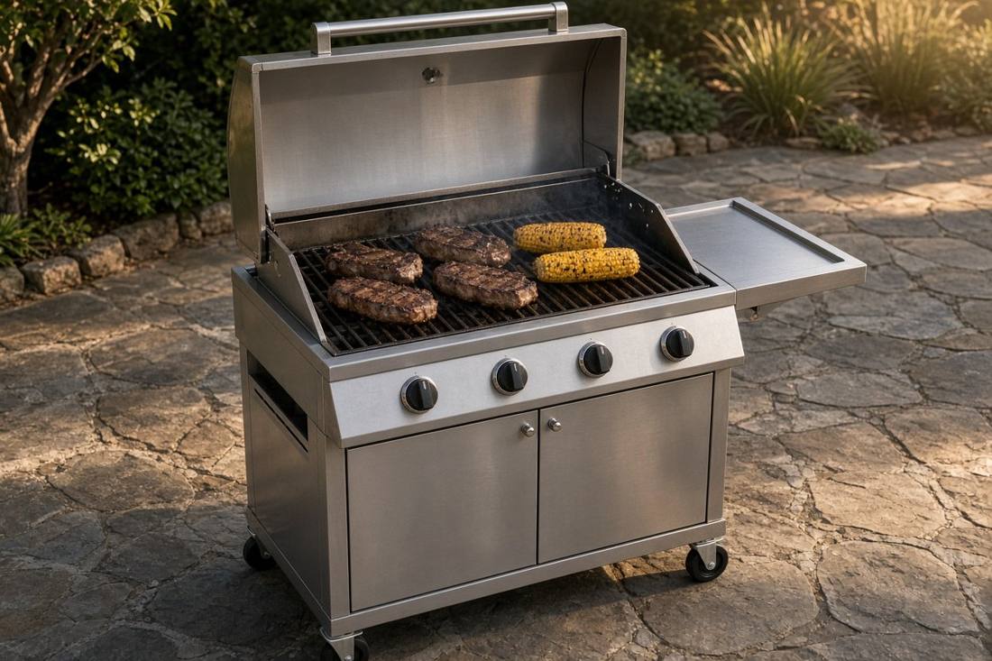 A stainless steel four burner gas grill on a cart with a side shelf and cabinet doors, lid open, steaks and corn on the grates, on a stone patio in late afternoon light