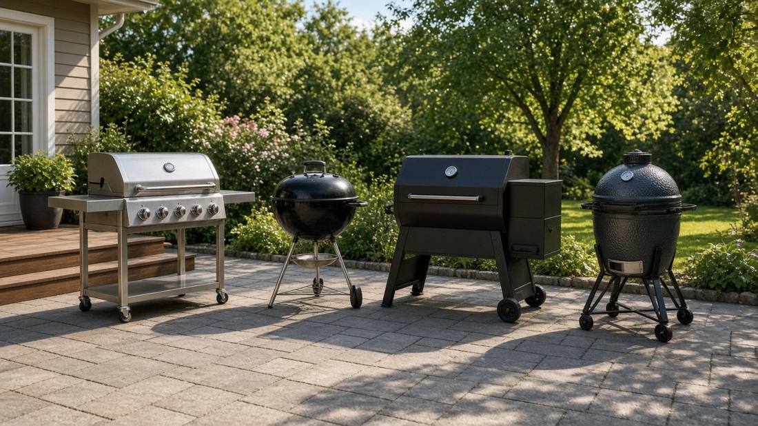 Four kinds of grill lined up on a sunny patio: a stainless gas grill on a cart, a black charcoal kettle, a pellet grill with a side hopper and a ceramic kamado in a stand
