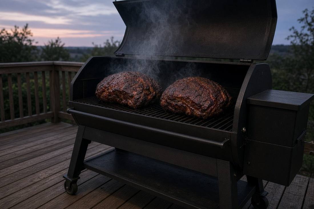 Two pork shoulders with a dark bark on the grates of a large black pellet grill with its lid open and the pellet hopper on the side, thin smoke drifting, on a deck at dusk
