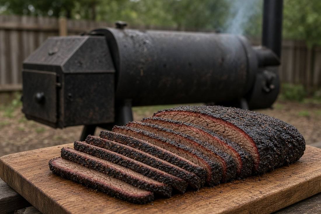 A sliced smoked brisket with a dark peppery bark on a wooden board, with a black offset barrel smoker and thin smoke behind it in a backyard