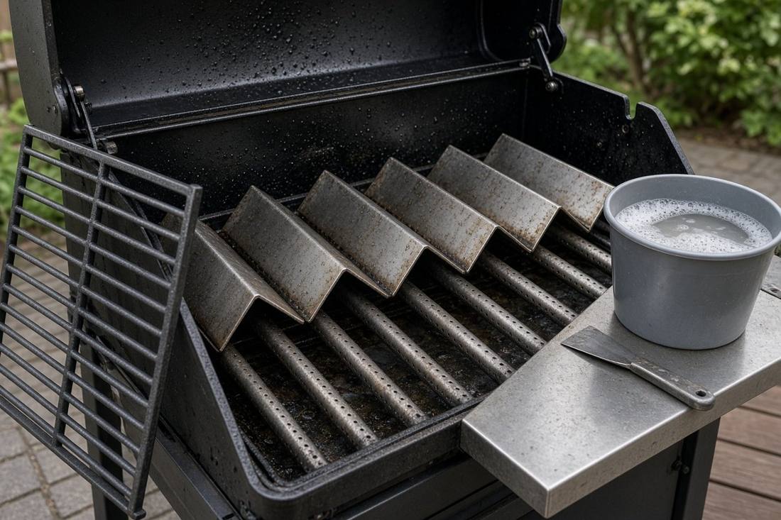 An open gas grill with its grates lifted out, showing the tent shaped heat bars over the burners, with a bucket of soapy water on the side shelf