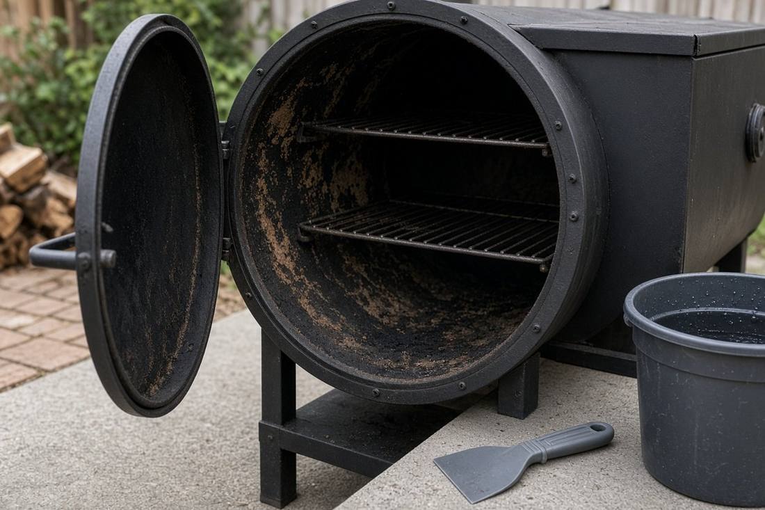 A black steel smoker with its round door open and the racks inside, the walls coated in dark smoke residue, with a scraper and a bucket beside it