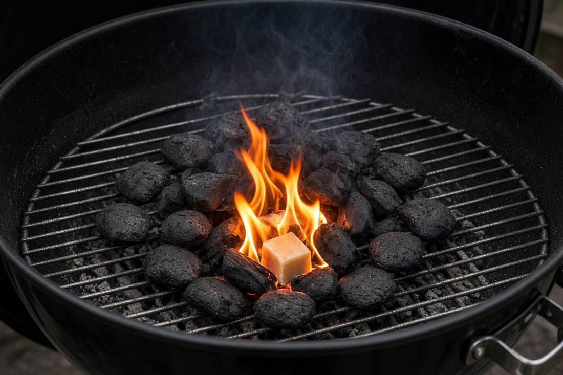 Fire starter cubes burning under a ring of charcoal briquettes inside a black kettle grill