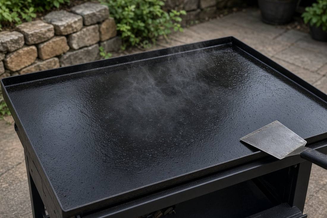 A large outdoor flat top griddle with a glossy black seasoned cooking surface and faint smoke, a metal scraper at its side on a patio