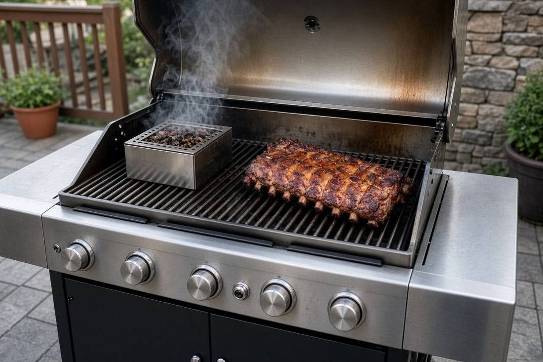 A stainless gas grill with the lid open, a metal smoker box of wood chips on the left with a wisp of smoke, and a rack of ribs on the right side