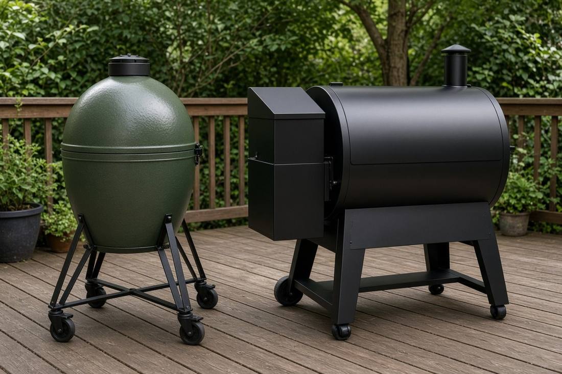 A green egg shaped ceramic kamado grill in a wheeled stand beside a black pellet grill with a side hopper and chimney, on a wooden deck