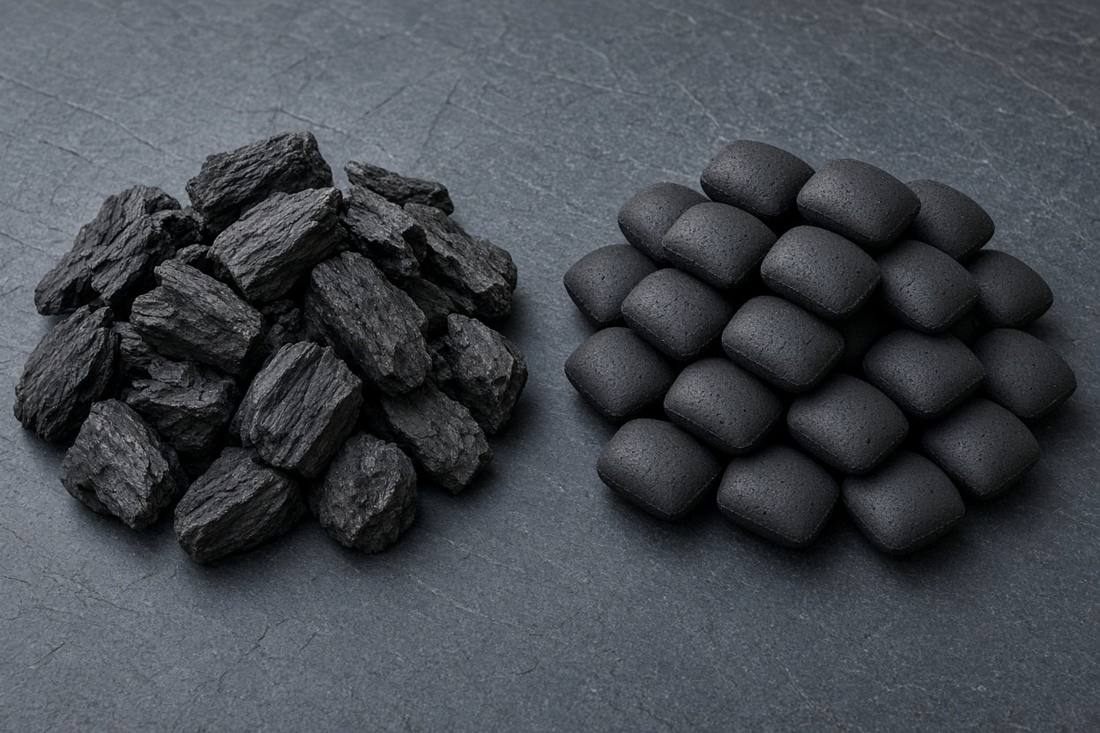 A pile of jagged black lump charcoal beside a pile of uniform pillow shaped briquettes on a dark slate surface