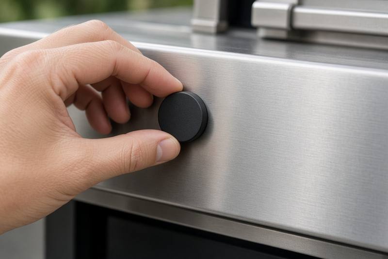 A hand holding a small black magnet against the brushed stainless steel front of a gas grill