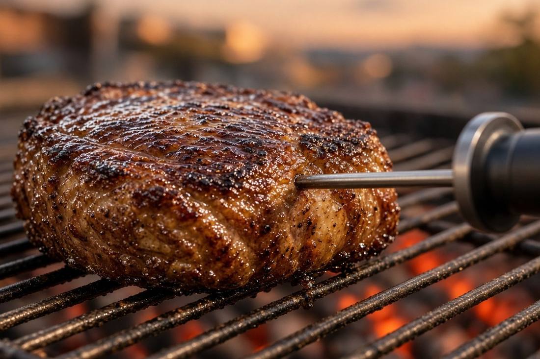 A thick steak on a hot grill grate with a slim instant read thermometer probe pushed into its side