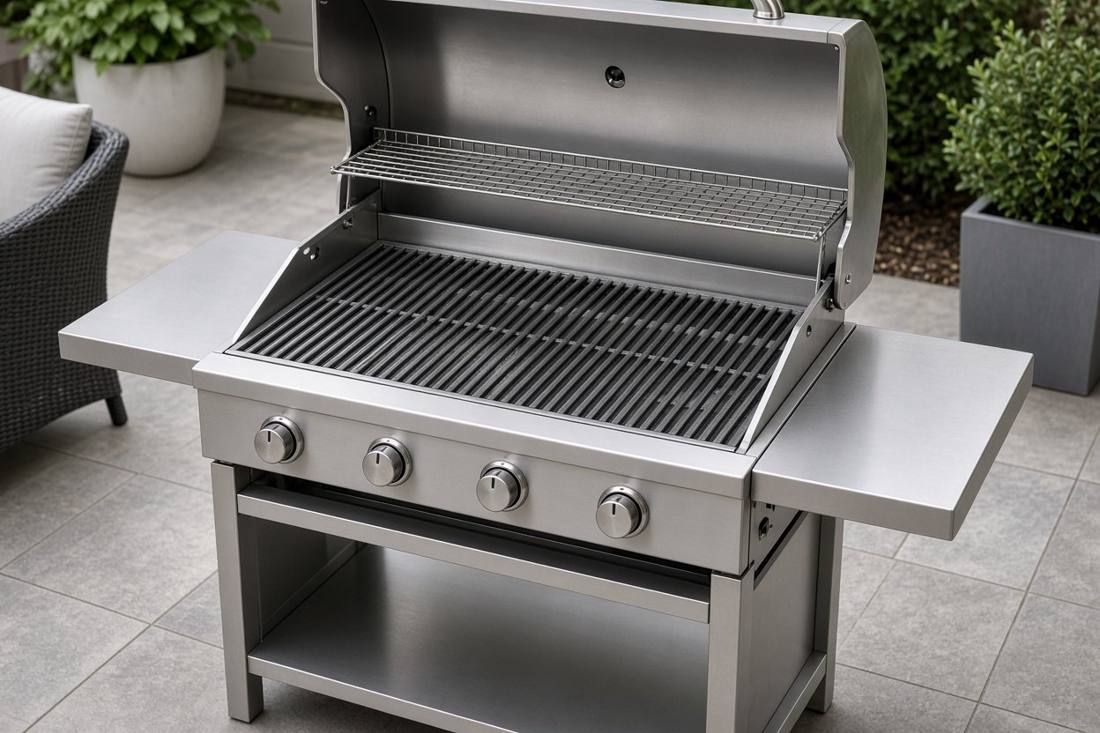 A stainless steel gas grill with its lid open, showing the cooking grates, a warming rack, the control knobs and two side shelves