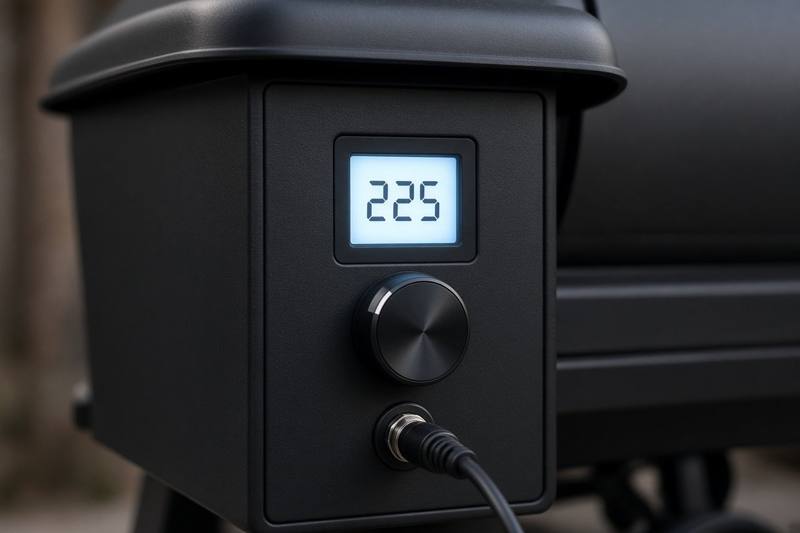 The digital controller on the side of a black pellet grill, a small glowing screen reading 225 above a round knob, with a meat probe cable plugged in below