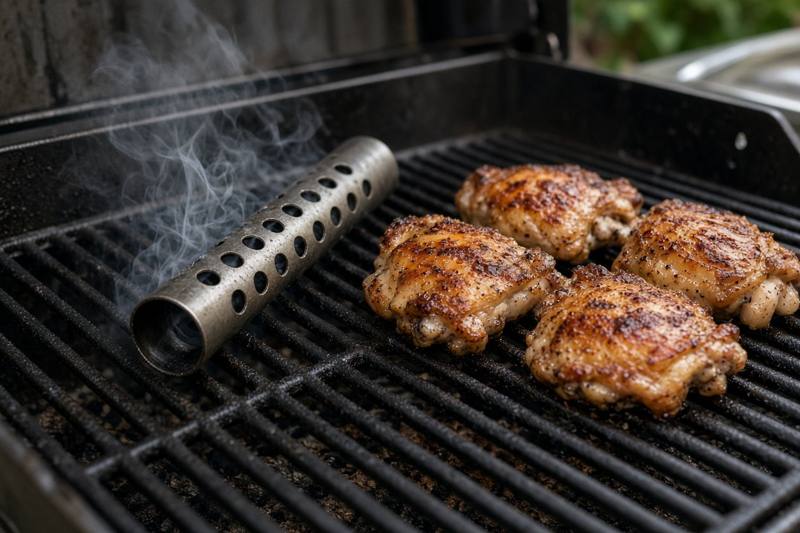 A perforated metal pellet smoke tube on gas grill grates with thin smoke curling from its holes, beside chicken thighs
