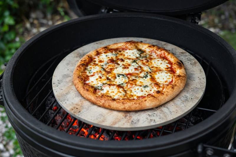 A pizza with bubbling cheese baking on a round stone inside an open black kamado, the glow of charcoal visible under the edge of the stone