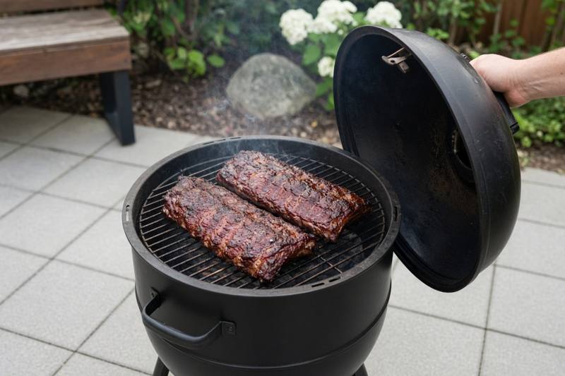 Two racks of pork ribs with a glossy dark bark on the round top grate of a black bullet smoker, its lid lifted to one side