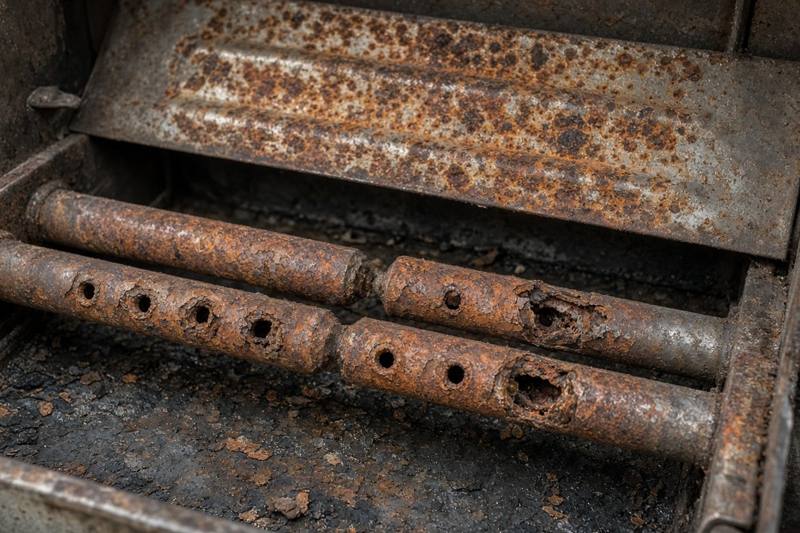 Rusted gas grill burner tubes, some of the burner holes eaten wide by corrosion