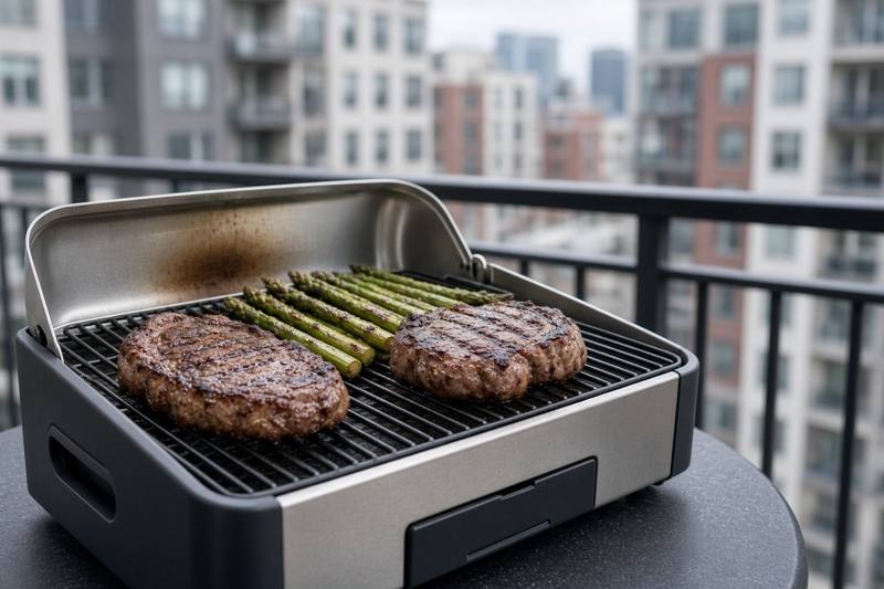 A small tabletop grill on a balcony table with two steaks and asparagus on the grate, city apartment buildings behind
