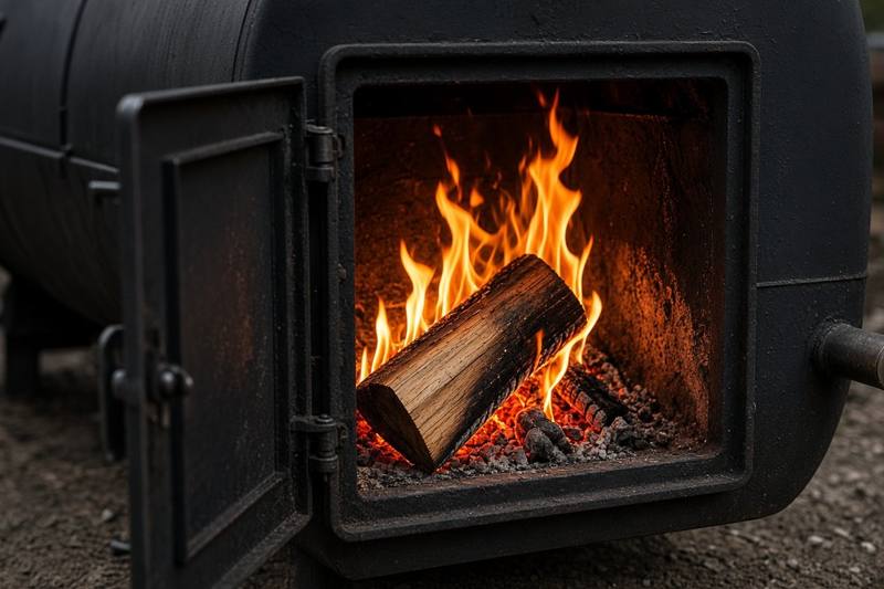 The open firebox door of a black offset smoker, a split of hardwood burning with bright yellow flames on a bed of coals
