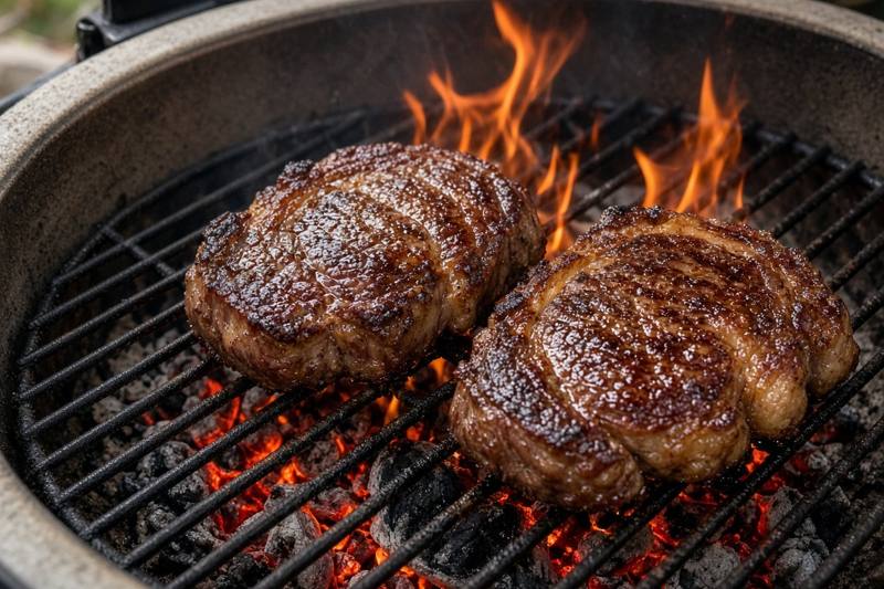 Two thick steaks searing on a grate over glowing lump charcoal inside a ceramic kamado, with flames rising around them