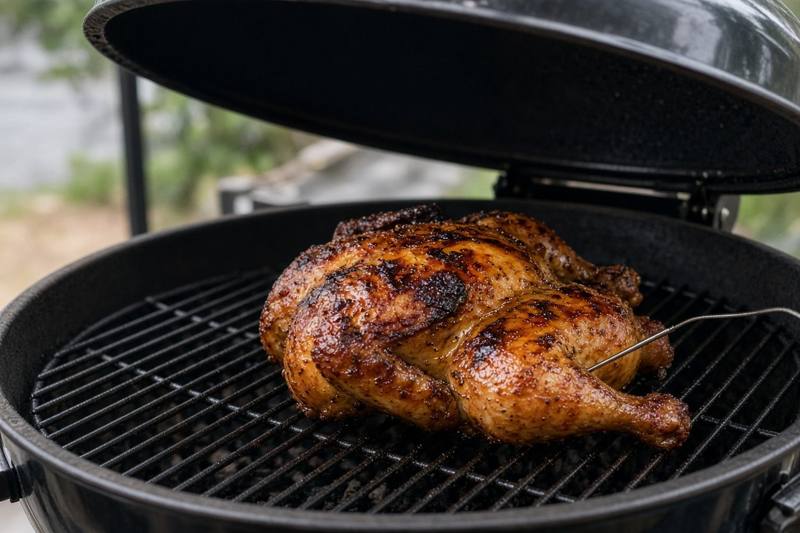 A whole roast chicken with golden skin on a grill grate, a thin thermometer probe in the thickest part of the thigh