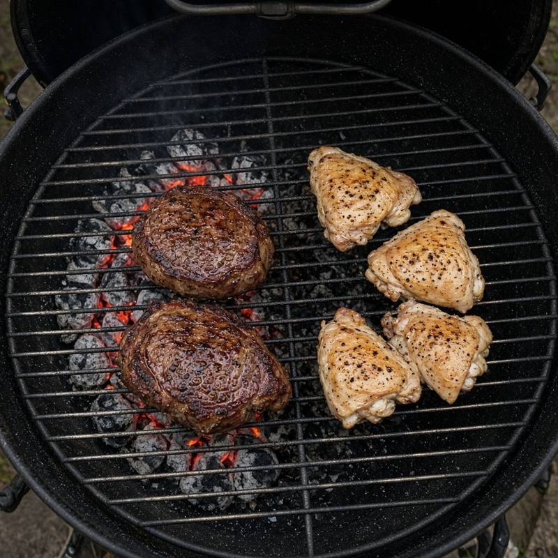 Looking down into a kettle grill: glowing coals banked on the left with steaks searing over them, chicken thighs on the empty right side