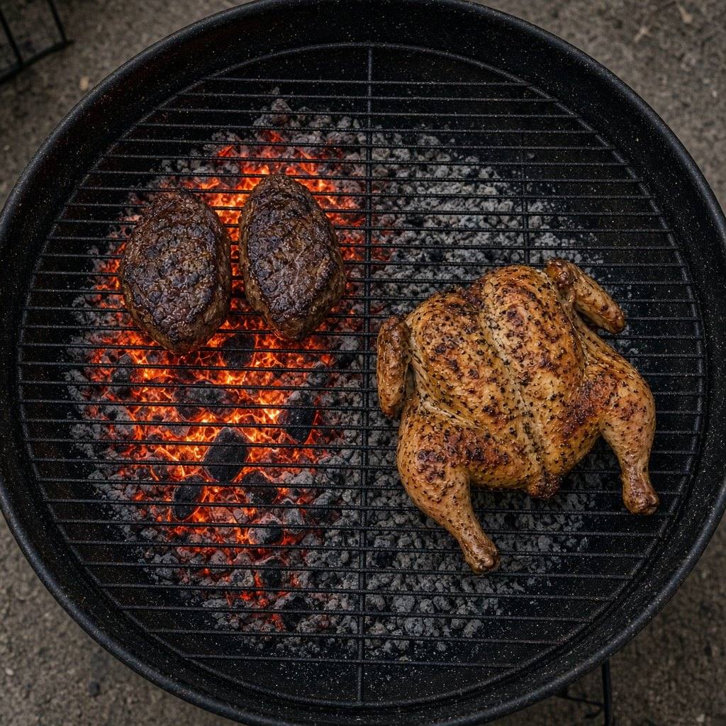 Looking down into a kettle grill with glowing coals banked on the left under two steaks, and a spatchcocked chicken on the empty right side