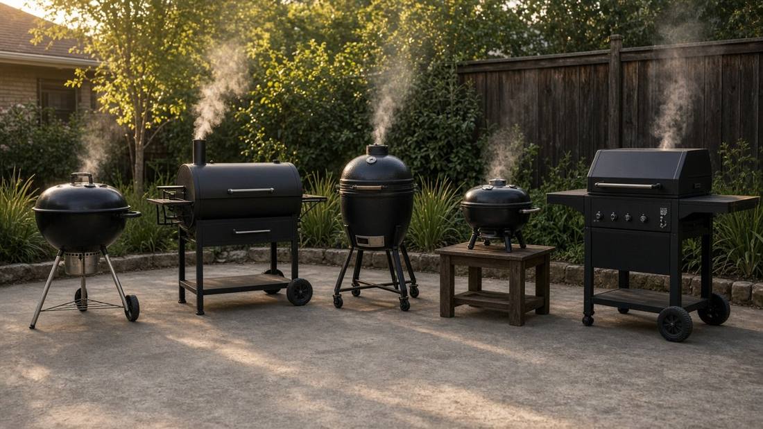Five charcoal grills side by side on a patio: a round kettle, a barrel grill on a cart, a ceramic kamado, a small portable kettle on a table and a charcoal cart grill