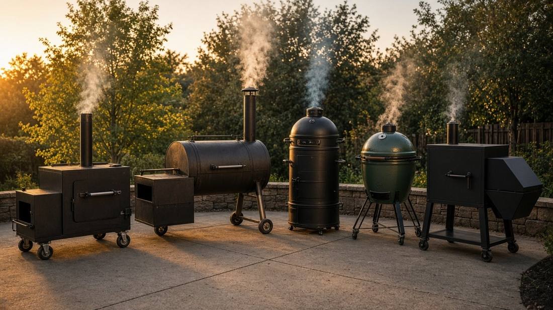 Five kinds of smoker side by side on a patio at sunset: a cabinet smoker, an offset smoker, a vertical bullet smoker, a ceramic kamado and a pellet smoker