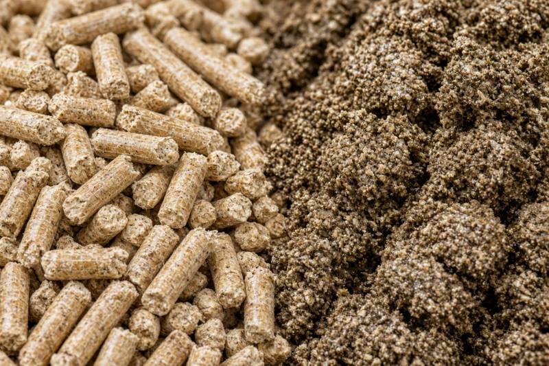 Dry smooth wood pellets beside a clump of pellets that got wet, swollen and crumbled back into damp sawdust