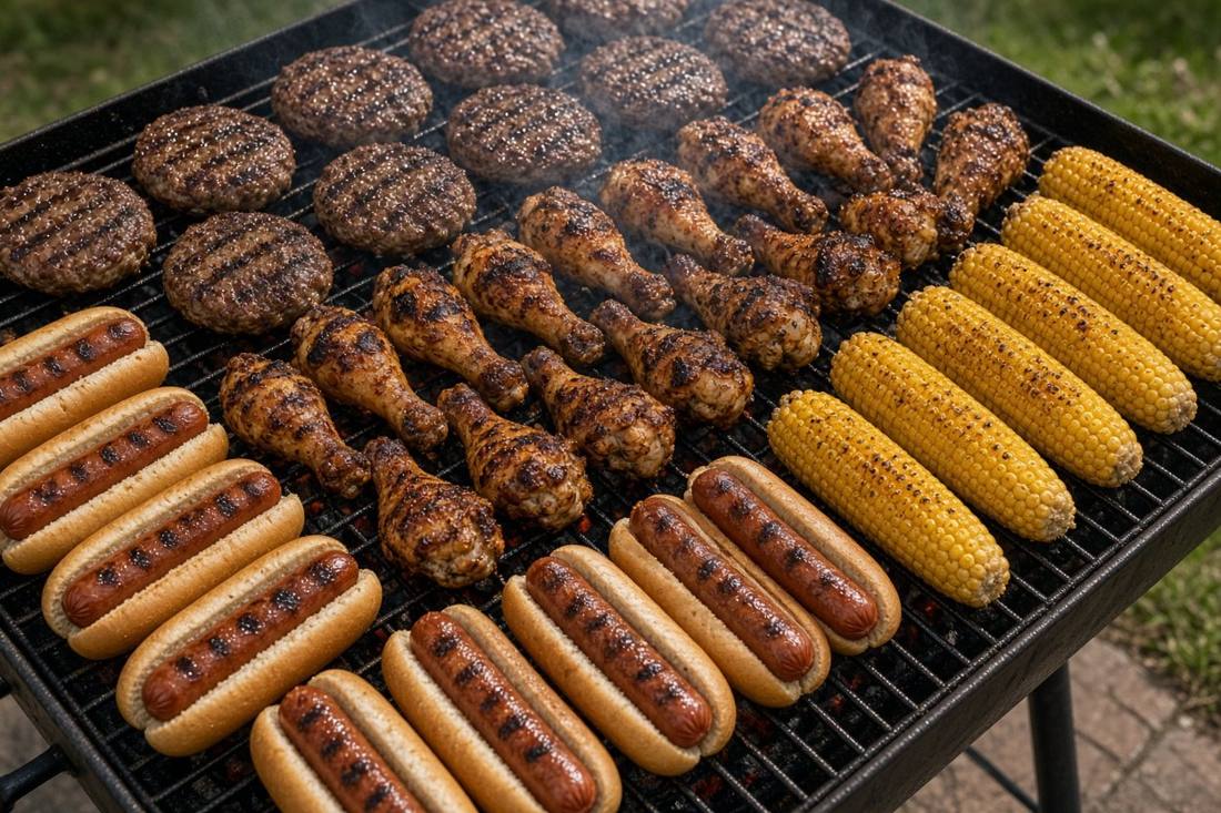 A large grill grate full of food seen from above: rows of burgers, hot dogs, chicken drumsticks and corn
