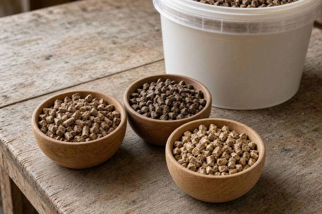 Three wooden bowls of hardwood smoking pellets in different shades of brown beside a sealed plastic bucket on a workbench