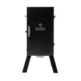 Masterbuilt 30 inch analog electric smoker, a black cabinet with a door thermometer, standing on four splayed legs