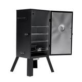 Analog smoker with its door open, three chrome racks, water bowl and chip tray low in the cabinet, on four legs