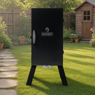 Masterbuilt 30 inch analog electric smoker, a black cabinet with a door thermometer, standing on four splayed legs