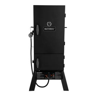 Masterbuilt dual fuel vertical smoker, black cabinet with two front doors, a door gauge and a gas control panel