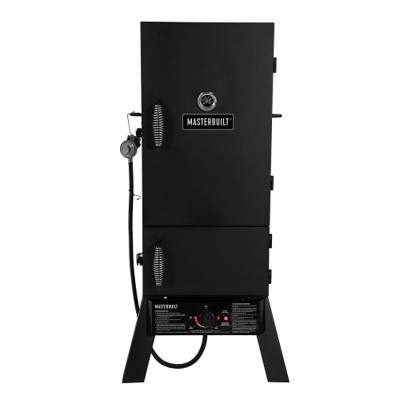 Masterbuilt dual fuel vertical smoker, black cabinet with two front doors, a door gauge and a gas control panel