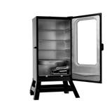 Masterbuilt 40 inch electric smoker on its leg stand, window door open, four empty racks above the water bowl