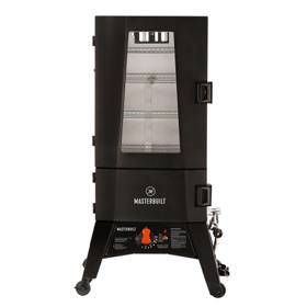 Masterbuilt ThermoTemp XL propane smoker, front view, window door over four racks, control panel and wheels below