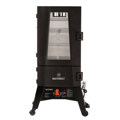 Masterbuilt ThermoTemp XL propane smoker, front view, window door over four racks, control panel and wheels below