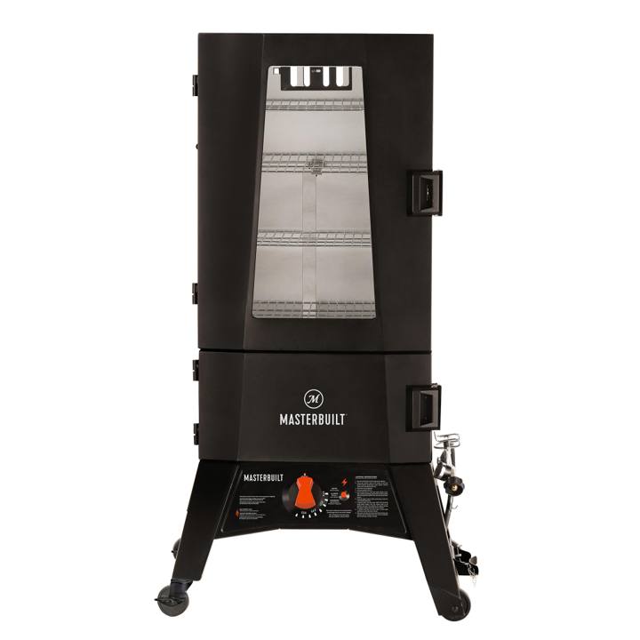 Masterbuilt ThermoTemp XL propane smoker, front view, window door over four racks, control panel and wheels below