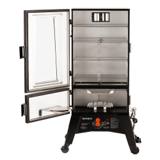 ThermoTemp XL with both doors open: four chrome racks, water pan, burner shield, and chip tray on the lower door