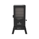 Masterbuilt 710 WiFi electric smoker, a black cabinet with a glass door window and control panel in its legged base