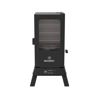 Masterbuilt 710 WiFi electric smoker, a black cabinet with a glass door window and control panel in its legged base
