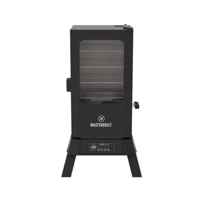 Masterbuilt 710 WiFi electric smoker, a black cabinet with a glass door window and control panel in its legged base