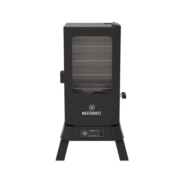 Masterbuilt 710 WiFi electric smoker, a black cabinet with a glass door window and control panel in its legged base